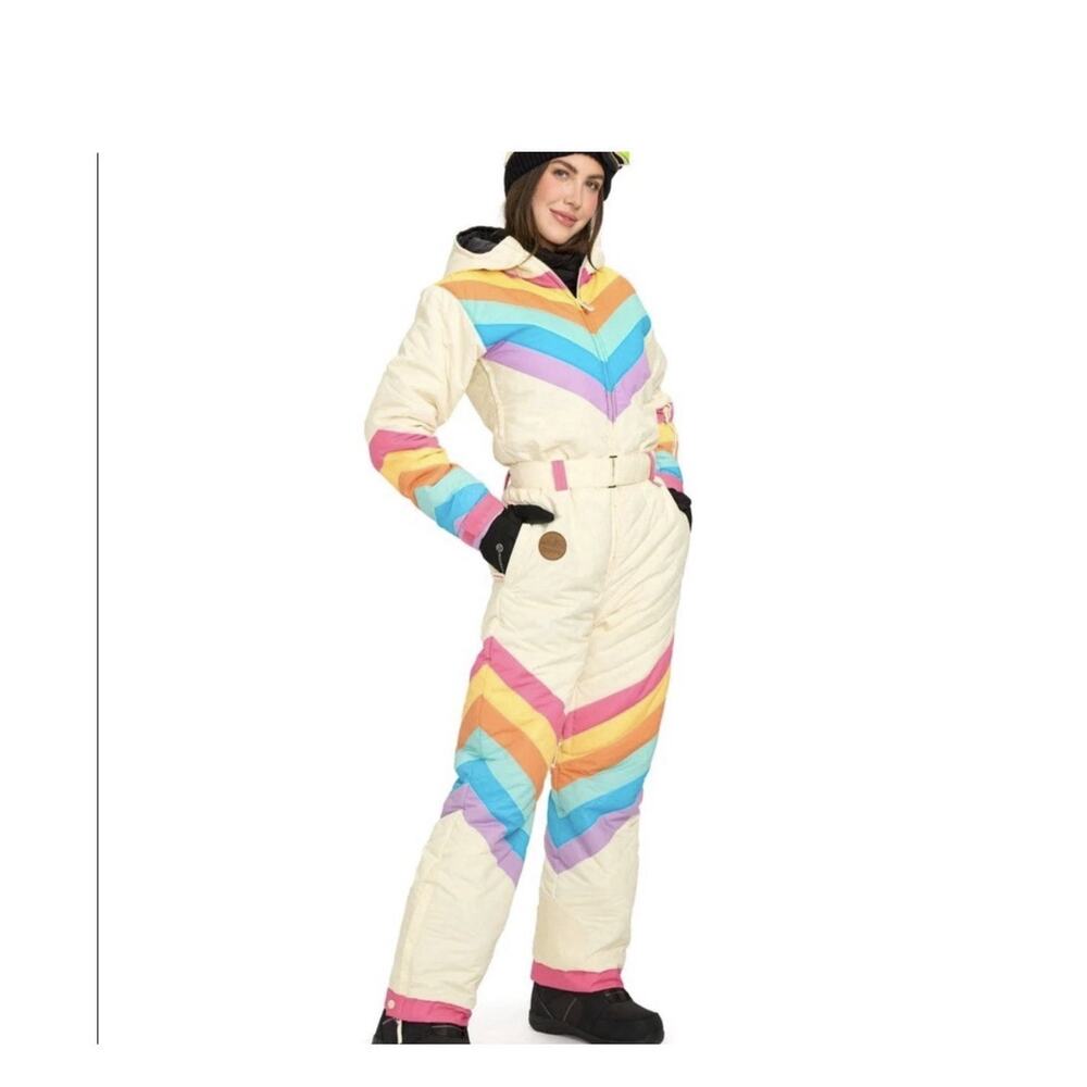 NWT Tipsey Elves Snow Suit Womens Extra large Ski Rainbow Retro Hood Attached